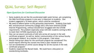 QUAL Survey: Self-Report!
34
Open Questions for Continued Discussion
• Some students do not like the accelerated eight-week format, yet completing
the Web Certificate program in one year is important to students. One
student suggested a 10 week option, which could be considered.
• We need to adhere better to this perquisite requirement. Students from both
MCC and Asnuntuck Community College (ACC) who have entered CST258
Internet Programming, without CSC230 have struggled with the CST258
requirements. The problem especially arose with ACC students coming to MCC
to meet their CST258 requirement at MCC.
• How can we assure continuity of skill sets across all courses in the web
certificate program? As well as, better communication of the various faculty
and program leaders? As a teacher in this program, I feel alone.
• Should rolling start dates for the certificate program be considered? This
would require offering the courses two times a year instead of one.
• Can we standardize on online course design for all the courses in the web
certificate program?
• Students respected the Murach book. We could have a discussion on
standardizing textbooks.
 
