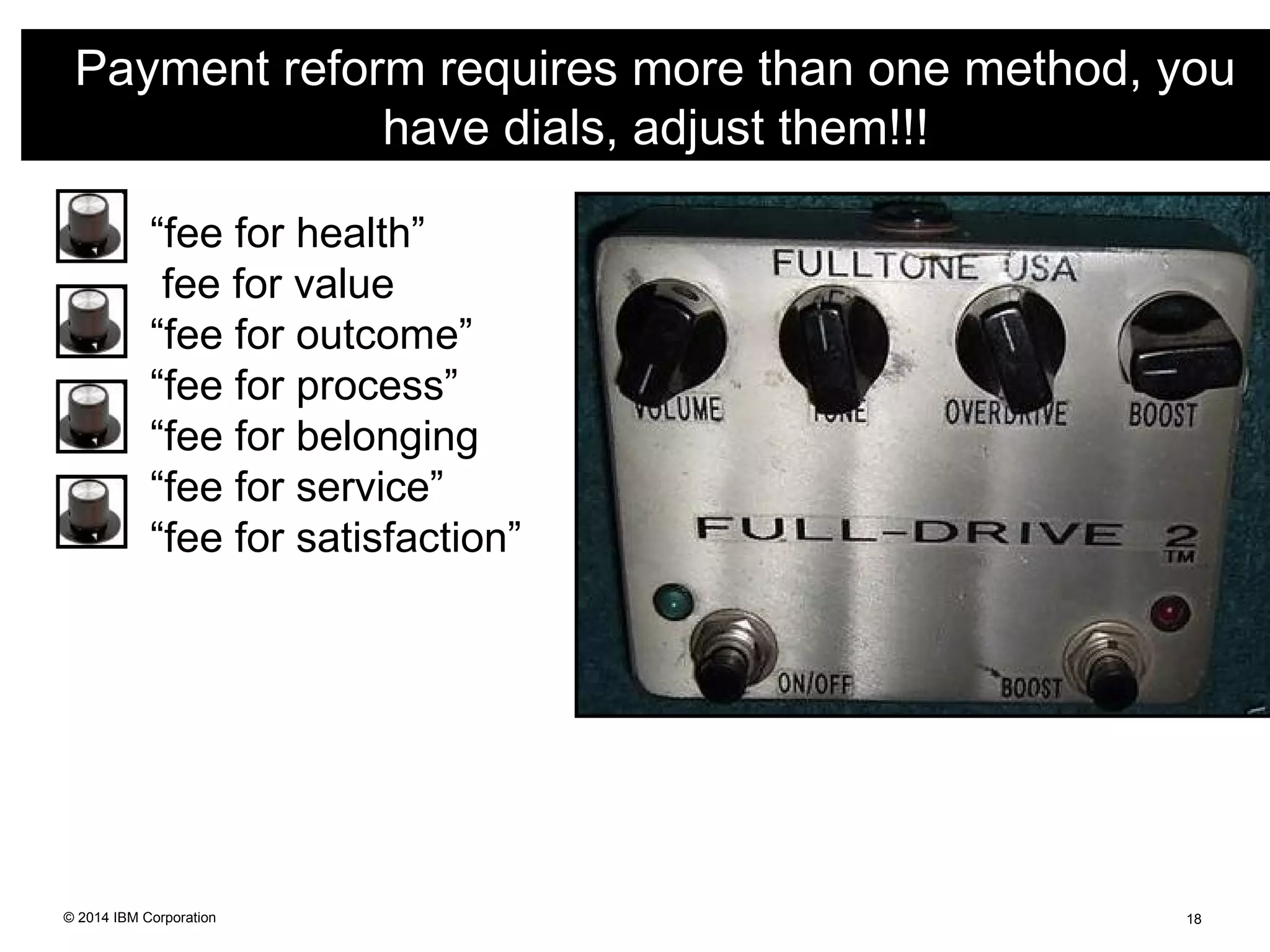 SPmaarteyr Cmareent reform requires more than one method, you 
have dials, adjust them!!! 
“fee for health” 
fee for value 
“fee for outcome” 
“fee for process” 
“fee for belonging 
“fee for service” 
“fee for satisfaction” 
© 2014 IBM Corporation 18 
 