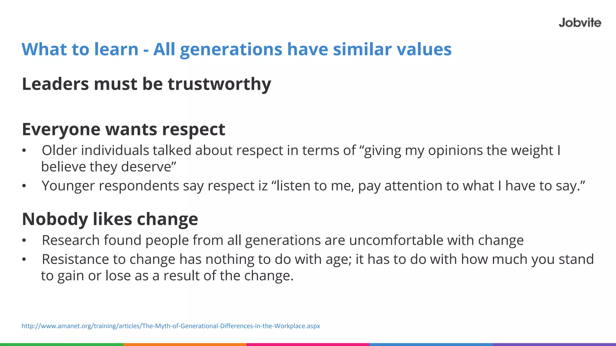 Leaders must be trustworthy
Everyone wants respect
• Older individuals talked about respect in terms of “giving my opinions the weight I
believe they deserve”
• Younger respondents say respect iz “listen to me, pay attention to what I have to say.”
Nobody likes change
• Research found people from all generations are uncomfortable with change
• Resistance to change has nothing to do with age; it has to do with how much you stand
to gain or lose as a result of the change.
What to learn - All generations have similar values
http://www.amanet.org/training/articles/The-Myth-of-Generational-Differences-in-the-Workplace.aspx
 