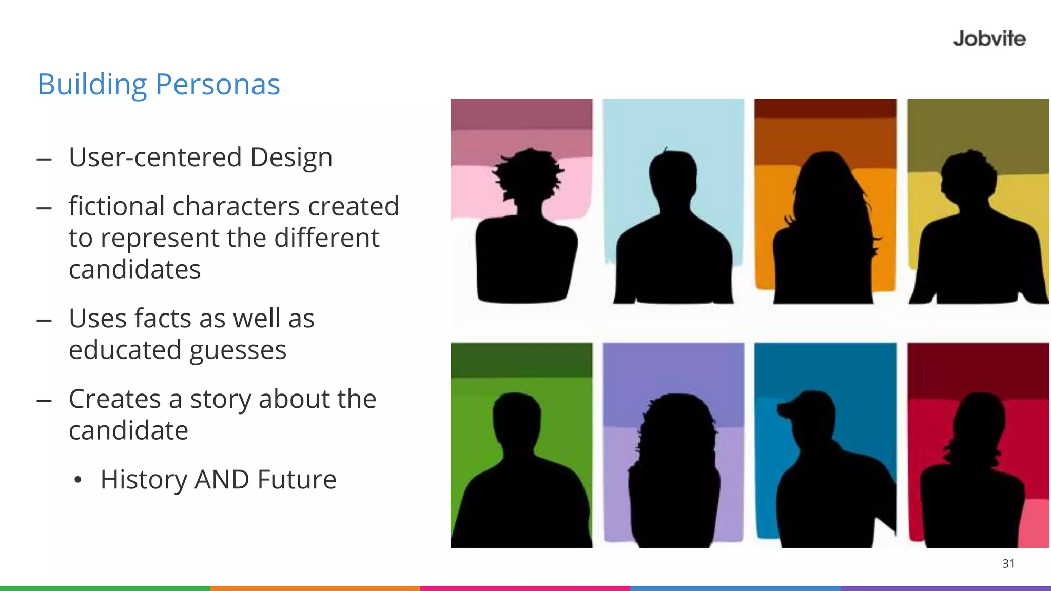 – User-centered Design
– fictional characters created
to represent the different
candidates
– Uses facts as well as
educated guesses
– Creates a story about the
candidate
• History AND Future
31
Building Personas
 