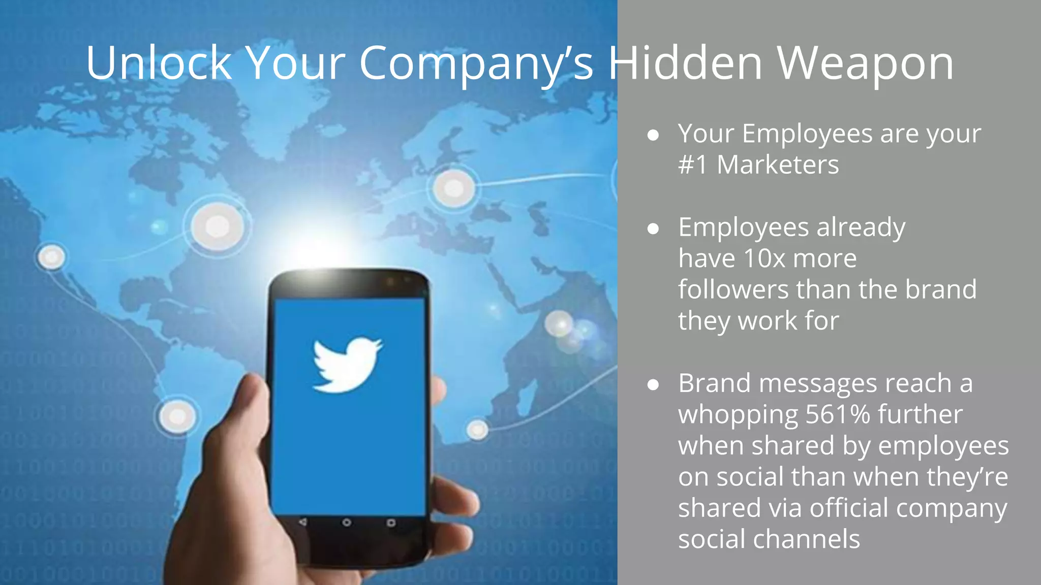 ● Your Employees are your
#1 Marketers
● Employees already
have 10x more
followers than the brand
they work for
● Brand messages reach a
whopping 561% further
when shared by employees
on social than when they’re
shared via official company
social channels
Unlock Your Company’s Hidden Weapon
 