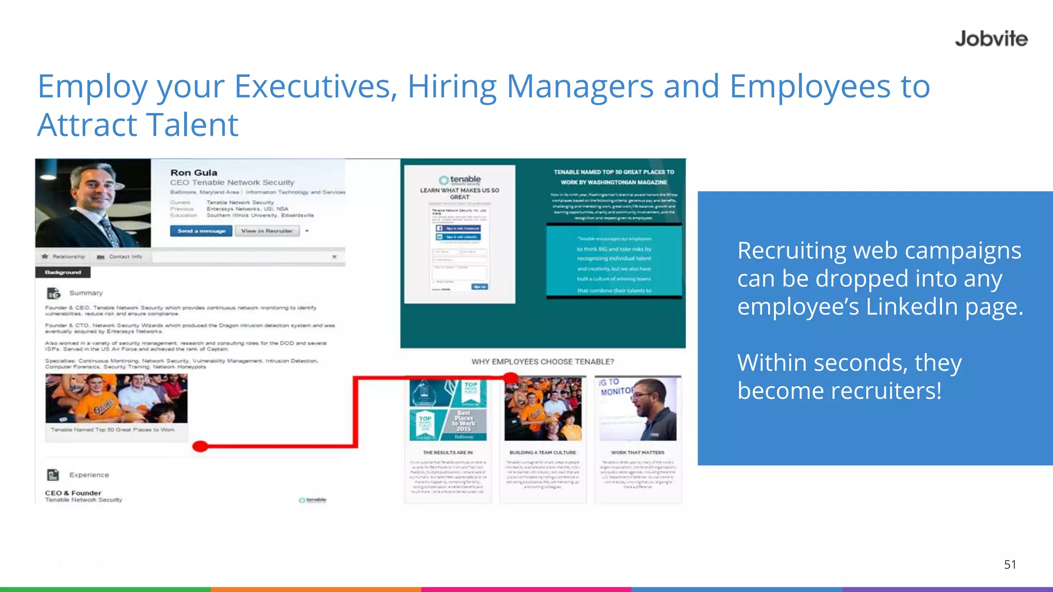 51
Employ your Executives, Hiring Managers and Employees to
Attract Talent
Recruiting web campaigns
can be dropped into any
employee’s LinkedIn page.
Within seconds, they
become recruiters!
 