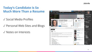 41© 2015-2016 Jobvite, Inc.
✓ Social Media Profiles
✓ Personal Web Sites and Blogs
✓ Notes on Interests
Today’s Candidate is So
Much More Than a Resume
 