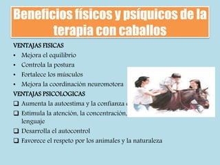 Beneficios físicos y psíquicos de la
terapia con caballos
VENTAJAS FISICAS
• Mejora el equilibrio
• Controla la postura
• Fortalece los músculos
• Mejora la coordinación neuromotora
VENTAJAS PSICOLOGICAS
 Aumenta la autoestima y la confianza en uno mismo
 Estimula la atención, la concentración, la comunicación y el
lenguaje
 Desarrolla el autocontrol
 Favorece el respeto por los animales y la naturaleza
 