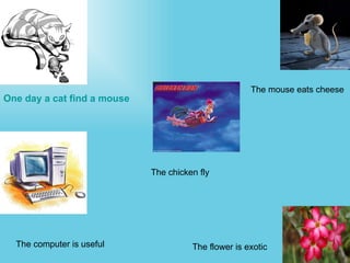 One day a cat find a mouse  The mouse eats cheese  The chicken fly The computer is useful The flower is exotic 