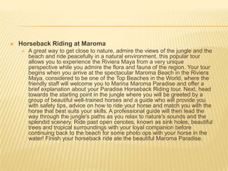  Horseback Riding at Maroma
 A great way to get close to nature, admire the views of the jungle and the
beach and ride peacefully in a natural environment, this popular tour
allows you to experience the Riviera Maya from a very unique
perspective while you admire the flora and fauna of the region. Your tour
begins when you arrive at the spectacular Maroma Beach in the Riviera
Maya, considered to be one of the Top Beaches in the World, where the
friendly staff will welcome you to Marina Maroma Paradise and offer a
brief explanation about your Paradise Horseback Riding tour. Next, head
towards the starting point in the jungle where you will be greeted by a
group of beautiful well-trained horses and a guide who will provide you
with safety tips, advice on how to ride your horse and match you with the
horse that best suits your skills. A professional guide will then lead the
way through the jungle's paths as you relax to nature's sounds and the
splendid scenery. Ride past open cenotes, known as sink holes, beautiful
trees and tropical surroundings with your loyal companion before
continuing back to the beach for some photo ops with your horse in the
water! Finish your horseback ride ate the beautiful Maroma Paradise.
 