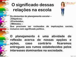 O significado dessas
relações na escola
Os elementos do planejamento escolar –
Objetivos;
Conteúdos;
Métodos; –
Que precisam ser recheados de implicações sociais,
inclusive com significado político.
O planejamento é uma atividade de
reflexão acerca de nossas opções e
ações, caso contrário ficaremos
entregues aos rumos estabelecidos pelos
interesses dominantes na sociedade.
 