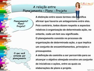 A relação entre
Planejamento – Plano - Projeto
O que você
entende por
planejamento
Planejamento?
Plano?
Projeto?
Planejamento?
Plano?
Projeto?
A distinção entre esses termos não significa
afirmar que haveria um antagonismo entre eles.
Pelo contrário, todos dizem respeito a aspectos
relativos à organização de determinada ação, no
entanto, cada um tem seu significado.
O planejamento consiste no processo de
organização de determinada ação, o que implica
um conjunto de encaminhamentos, princípios e
pressupostos.
A definição do caminho a ser percorrido para se
alcançar o objetivo almejado envolve um conjunto
de iniciativas e ações, entre as quais as
elaborações de plano e projeto.
 