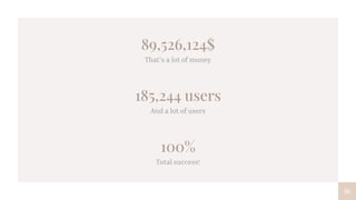 89,526,124$
That’s a lot of money
100%
Total success!
185,244 users
And a lot of users
16
 