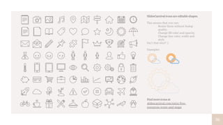 36
SlidesCarnival icons are editable shapes.
This means that you can:
▫ Resize them without losing
quality.
▫ Change fill color and opacity.
▫ Change line color, width and
style.
Isn’t that nice? :)
Examples:
Find more icons at
slidescarnival.com/extra-free-
resources-icons-and-maps
 
