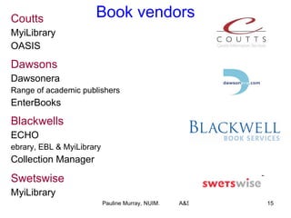 Book vendors Coutts   MyiLibrary OASIS Dawsons Dawsonera Range of academic publishers EnterBooks Blackwells ECHO ebrary, EBL & MyiLibrary Collection Manager Swetswise MyiLibrary 