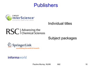 Publishers Individual titles Subject packages 