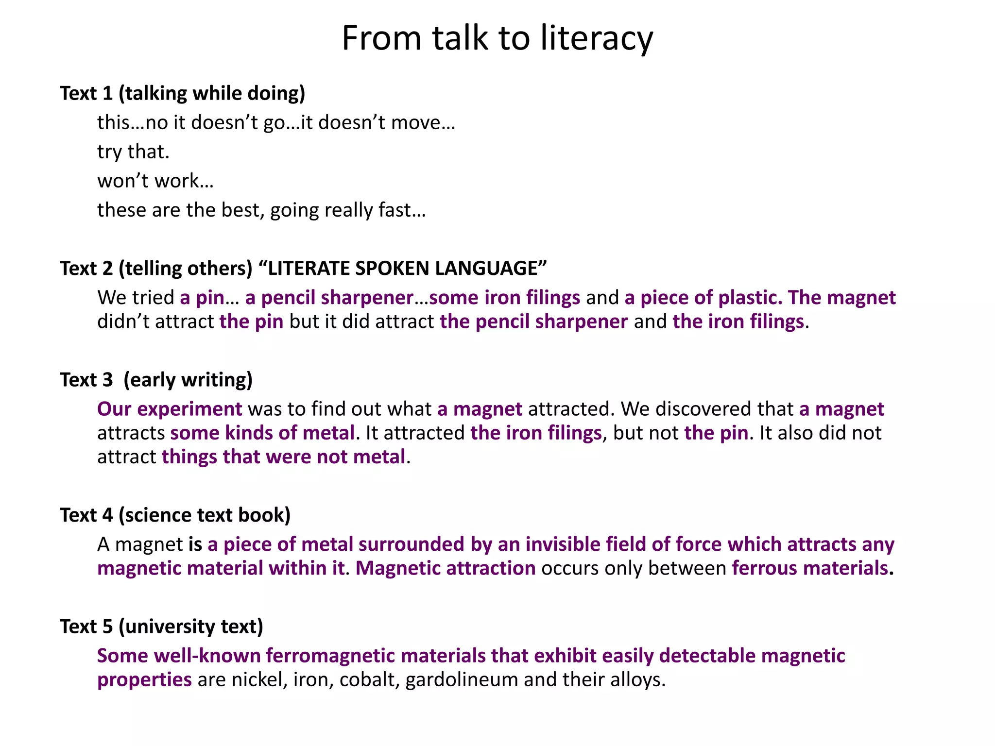 From talk to literacy
Text 1 (talking while doing)
this…no it doesn’t go…it doesn’t move…
try that.
won’t work…
these are the best, going really fast…
Text 2 (telling others) “LITERATE SPOKEN LANGUAGE”
We tried a pin… a pencil sharpener…some iron filings and a piece of plastic. The magnet
didn’t attract the pin but it did attract the pencil sharpener and the iron filings.
Text 3 (early writing)
Our experiment was to find out what a magnet attracted. We discovered that a magnet
attracts some kinds of metal. It attracted the iron filings, but not the pin. It also did not
attract things that were not metal.
Text 4 (science text book)
A magnet is a piece of metal surrounded by an invisible field of force which attracts any
magnetic material within it. Magnetic attraction occurs only between ferrous materials.
Text 5 (university text)
Some well-known ferromagnetic materials that exhibit easily detectable magnetic
properties are nickel, iron, cobalt, gardolineum and their alloys.
 