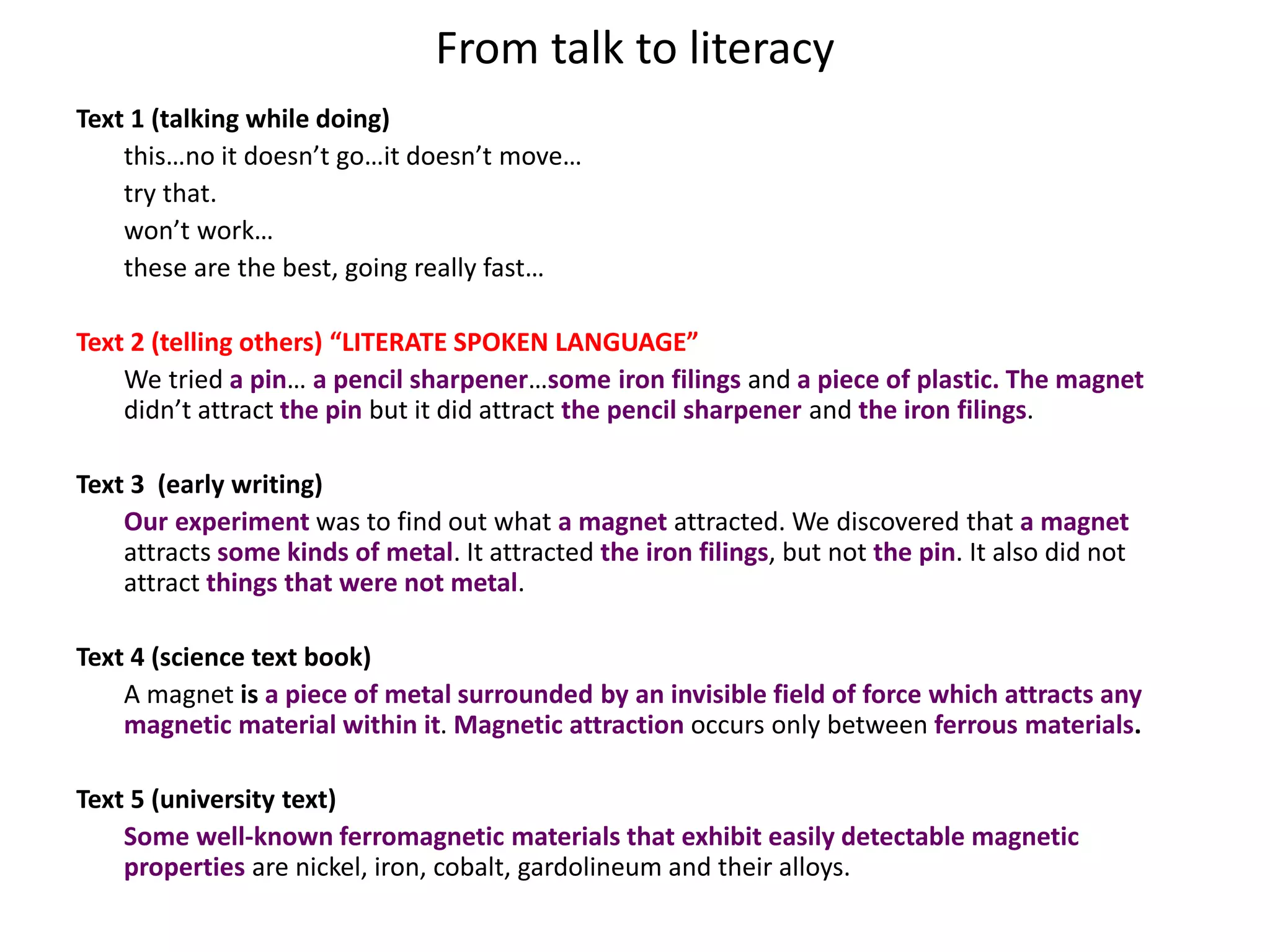 From talk to literacy
Text 1 (talking while doing)
this…no it doesn’t go…it doesn’t move…
try that.
won’t work…
these are the best, going really fast…
Text 2 (telling others) “LITERATE SPOKEN LANGUAGE”
We tried a pin… a pencil sharpener…some iron filings and a piece of plastic. The magnet
didn’t attract the pin but it did attract the pencil sharpener and the iron filings.
Text 3 (early writing)
Our experiment was to find out what a magnet attracted. We discovered that a magnet
attracts some kinds of metal. It attracted the iron filings, but not the pin. It also did not
attract things that were not metal.
Text 4 (science text book)
A magnet is a piece of metal surrounded by an invisible field of force which attracts any
magnetic material within it. Magnetic attraction occurs only between ferrous materials.
Text 5 (university text)
Some well-known ferromagnetic materials that exhibit easily detectable magnetic
properties are nickel, iron, cobalt, gardolineum and their alloys.
 