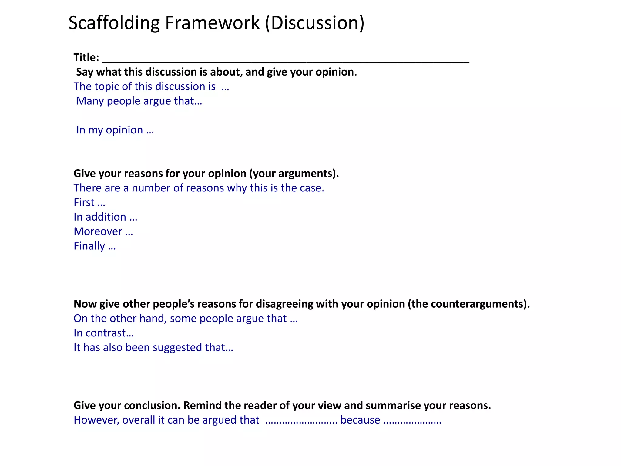 Scaffolding Framework (Discussion)
Title: _____________________________________________________________
Say what this discussion is about, and give your opinion.
The topic of this discussion is …
Many people argue that…
In my opinion …
Give your reasons for your opinion (your arguments).
There are a number of reasons why this is the case.
First …
In addition …
Moreover …
Finally …
Now give other people’s reasons for disagreeing with your opinion (the counterarguments).
On the other hand, some people argue that …
In contrast…
It has also been suggested that…
Give your conclusion. Remind the reader of your view and summarise your reasons.
However, overall it can be argued that …………………….. because …………………
 