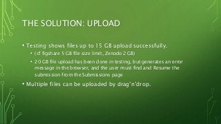 THE SOLUTION: UPLOAD
• Testing shows files up to 15 GB upload successfully.
• (cf figshare 5 GB file size limit, Zenodo 2 GB)
• 20 GB file upload has been done in testing, but generates an error
message in the browser, and the user must find and Resume the
submission from the Submissions page
• Multiple files can be uploaded by drag’n’drop.
 