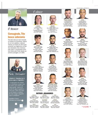 15
2016CAMPEONATO
PAULISTA
Fala, torcedor
Consagrado,Tite
busca soberania
Tite está cada vez mais marcado
na história do Corinthians. Depois
de um ano sabático, o técnico
retornou ao Timão em 2015 para
aumentar sua hegemonia na lista
dos treinadores mais vitoriosos
pelo clube. O comandante soma
seis títulos pelo Timão desde sua
primeira passagem, em 2004.
O técnico
MAURO HORITA/AGIF/FOLHAPRESS
TIMÃO É TRADIÇÃO E
BUSCARÁ O TROFÉU!
“A expectativa em relação
ao Corinthians sempre será
de título, pois somos um
clube grande. Apesar da
perda de alguns jogadores,
creio que o time terá chan-
ces de manter a tradição
de estar sempre chegando
entre os melhores”
Engelbert França
Torcedor do Corinthians
BRUNO HENRIQUE
Posição: Volante
Nome completo: Bruno
Henrique Corsini
Nascimento: 21/10/1989,
em Apucarana (PR)
Último clube: Corinthians
WILLIANS
Posição: Meia
Nome completo: Willians
Domingos Fernandes
Nascimento: 29/01/1986,
em Praia Grande (SP)
Último clube: Cruzeiro (MG)
CÁSSIO
Posição: Goleiro
Nome completo: Cássio
Ramos
Nascimento: 06/06/1987,
em Veranópolis (RS)
Último clube: Corinthians
RODRIGUINHO
Posição: Meia
Nome completo: Rodrigo
Eduardo Costa Marinho
Nascimento: 27/03/1988,
em Natal (RN)
Último clube: Corinthians
FAGNER
Posição: Lateral-direito
Nome completo: Fagner
Conserva Lemos
Nascimento: 11/06/1989,
em São Paulo (SP)
Último clube: Corinthians
MALCOM
Posição: Atacante
Nome completo: Malcom
Filipe Silva de Oliveira
Nascimento: 26/02/1997,
em São Paulo (SP)
Último clube: Corinthians
FELIPE
Posição: Zagueiro
Nome completo: Felipe Augusto
de Almeida Monteiro
Nascimento: 16/05/1989,
em Mogi das Cruzes (SP)
Último clube: Corinthians
LUCIANO
Posição: Atacante
Nome completo: Luciano da
Rocha Neves
Nascimento: 18/05/1993,
em Anápolis (GO)
Último clube: Corinthians
UENDEL
Posição: Lateral-esquerdo
Nome completo: Uendel
Pereira Gonçalves
Nascimento: 08/10/1988,
em Araranguá (SC)
Último clube: Corinthians
ELIAS
Posição: Volante
Nome completo: Elias
Mendes Trindade
Nascimento: 16/05/1985,
em São Paulo (SP)
Último clube: Corinthians
DANILO
Posição: Meia
Nome completo: Danilo Gabriel
de Andrade
Nascimento: 11/06/1979,
em São Gotardo (MG)
Último clube: Corinthians
WALTER
Posição: Goleiro
Nome completo: Walter Leandro
Capeloza Artune
Nascimento: 18/11/1987,
em Jaú (SP)
Último clube: Corinthians
MARLONE
Posição: Meia
Nome completo: Johnath
Marlone Azevedo da Silva
Nascimento: 02/04/1992,
em Augustinópolis (TO)
Último clube: Sport (PE)
VILSON
Posição: Zagueiro
Nome completo: Vilson Xavier
de Menezes Júnior
Nascimento: 03/04/1988,
em São Gonçalo (RJ)
Último clube: Chapecoense (SC)
LUCCA
Posição: Atacante
Nome completo: Lucca
Borges de Brito
Nascimento: 14/02/1990,
em Alto Parnaíba (MA)
Último clube: Corinthians
YAGO
Posição: Zagueiro
Nome completo: Yago
Fernando da Silva
Nascimento: 29/08/1992,
em São Paulo (SP)
Último clube: Corinthians
GUILHERME
Posição: Atacante
Nome completo: Guilherme
Milhomem Gusmão
Nascimento: 22/10/1988,
em Imperatriz (MA)
Último clube: Antalyaspor (TUR)
GUILHERME ARANA
Posição: Lateral-esquerdo
Nome completo: Guilherme
Antonio Arana Lopes
Nascimento: 14/04/1997,
em São Paulo (SP)
Último clube: Corinthians
FOTOS DIVULGAÇÃO/S.C. CORINTHIANS PTA.
O elenco
OUTROS JOGADORES
DOUGLAS
Posição: Goleiro
Nome: Douglas A. S. Friedrich
Último clube: Bragantino
EDILSON
Posição: Lateral-direito
Nome: Edílson M. Guimarães
Último clube: Corinthians
MOISÉS
Posição: Lateral-esquerdo
Nome: Moisés R. Barbosa
Último clube: Bragantino
CRISTIAN
Posição: Volante
Nome: Cristian M. J. Oliveira
Último clube: Corinthians
ALAN MINEIRO
Posição: Meia
Nome: Alan Cássio da Cruz
Último clube: Bragantino
ROMERO
Posição: Atacante
Nome: Ángel R. R. Villamayor
Último clube: Corinthians
RILDO
Posição: Atacante
Nome: Rildo A. Felicíssimo
Último clube: Corinthians
MENDOZA
Posição: Atacante
Nome: Stiven Mendoza
Último clube: Chennaiyin (IND)
ISAAC
Posição: Atacante
Nome: Isaac Oliveira Prado
Último clube: Corinthians
 