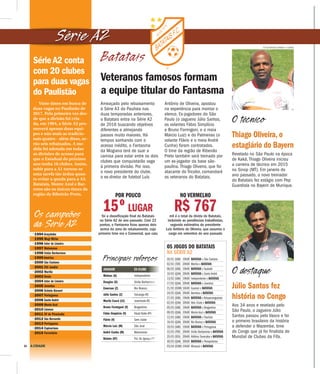 24 A CIDADE
Vinte times em busca de
duas vagas no Paulistão de
2017. Pela primeira vez des-
de que a divisão foi cria-
da, em 1994, a Série A2 pro-
moverá apenas duas equi-
pes e não mais as tradicio-
nais quatro - além disso, se-
rão seis rebaixados. A me-
dida foi adotada em todas
as divisões de acesso para
que o Estadual do próximo
ano tenha 16 clubes. Assim,
subir para a A1 tornou-se
uma tarefa tão árdua quan-
to evitar a queda para a A3.
Batatais, Monte Azul e Bar-
retos são os únicos times da
região de Ribeirão Preto.
Série A2 conta
com 20 clubes
para duas vagas
do Paulistão
Série A2
Batatais
JOGADOR EX-CLUBE
Mateus (G) Independente
Douglas (G) União Barbarense
Emerson (Z) Rio Branco
Júlio Santos (Z) Ypiranga-RS
Murilo Ceará (LE) Juventude-RS
Bruno Formigoni (V) Bragantino
Fábio Simplício (V) Vissel Kobe-JPN
Flávio (V) Sem clube
Márcio Luiz (M) São José
André Cunha (M) Matonense
Baiano (AT) Foz do Iguaçu-PR
Principais reforços
POR POUCO
15ºLUGAR
foi a classificação final do Batatais
na Série A2 do ano passado. Com 22
pontos, o Fantasma ficou apenas dois
acima da zona de rebaixamento, cujo
primeiro time era o Comercial, que caiu
NO VERMELHO
R$ 767mil é o total da dívida do Batatais,
incluindo as pendências trabalhistas,
segundo estimativa do presidente
Luís Antônio de Oliveira, que assumiu o
cargo em setembro do ano passado
Thiago Oliveira, o
estagiário do Bayern
Revelado no São Paulo na época
de Kaká, Thiago Oliveira iniciou
a carreira de técnico em 2015
no Sinop (MT). Em janeiro do
ano passado, o novo treinador
do Batatais fez estágio com Pep
Guardiola no Bayern de Munique.
Júlio Santos fez
história no Congo
Aos 34 anos e revelado pelo
São Paulo, o zagueiro Júlio
Santos passou pelo Vasco e foi
o primeiro brasileiro da história
a defender o Mazembe, time
do Congo que já foi finalista do
Mundial de Clubes da Fifa.
O técnico
O destaque
FOTOS MATHEUS URENHA / A CIDADE
Veteranos famosos formam
a equipe titular do Fantasma
Ameaçado pelo rebaixamento
à Série A3 do Paulista nas
duas temporadas anteriores,
o Batatais entra na Série A2
de 2016 buscando objetivos
diferentes e almejando
passos muito maiores. Há
tempos sonhando com o
acesso inédito, o Fantasma
da Mogiana terá de suar a
camisa para estar entre os dois
clubes que conquistarão vaga
à primeira divisão. Por isso,
o novo presidente do clube,
o ex-diretor de futebol Luís
Antônio de Oliveira, apostou
na experiência para montar o
elenco. Ex-jogadores do São
Paulo (o zagueiro Júlio Santos,
os volantes Fábio Simplício
e Bruno Formigoni, e o meia
Márcio Luiz) e do Palmeiras (o
volante Flávio e o meia André
Cunha) foram contratados.
O time da região de Ribeirão
Preto também será treinado por
um ex-jogador da base são-
paulina. Thiago Oliveira, que foi
atacante do Tricolor, comandará
os veteranos do Batatais.
• 1994 Araçatuba
• 1995 Mogi Mirim
• 1996 Inter de Limeira
• 1997 Matonense
• 1998 União Barbarense
• 1999 América
• 2000 São Caetano
• 2001 Etti Jundiaí
• 2002 Marília
• 2003 Oeste
• 2004 Inter de Limeira
• 2005 Juventus
• 2006 Grêmio Barueri
• 2007 Portuguesa
• 2008 Santo André
• 2009 Monte Azul
• 2010 Linense
• 2011 XV de Piracicaba
• 2012 São Bernardo
• 2013 Portuguesa
• 2014 Capivariano
• 2015 Ferroviária
Os campeões
da Série A2
30/01 (SAB) 19h00 BATATAIS x São Caetano
02/02 (TER) 20h00 Marília x BATATAIS
06/02 (SAB) 19h00 BATATAIS x Taubaté
10/02 (QUA) 20h00 BATATAIS x Santo André
13/02 (SAB) 19h00 Independente x BATATAIS
17/02 (QUA) 20h00 BATATAIS x Juventus
21/02 (DOM) 16h00 Guarani x BATATAIS
24/02 (QUA) 20h00 Barretos x BATATAIS
27/02 (SAB) 19h00 BATATAIS x Votuporanguense
02/03 (QUA) 20h00 Velo Clube x BATATAIS
05/03 (SAB) 19h00 BATATAIS x Bragantino
09/03 (QUA) 15h00 Monte Azul x BATATAIS
12/03 (SAB) 19h00 BATATAIS x Paulista
16/03 (QUA) 20h00 Rio Branco x BATATAIS
19/03 (SAB) 19h00 BATATAIS x Portuguesa
22/03 (TER) 20h00 União Barbarense x BATATAIS
25/03 (SEX) 20h00 Atlético Sorocaba x BATATAIS
30/03 (QUA) 20h00 BATATAIS x Penapolense
03/04 (DOM) 10h00 Mirassol x BATATAIS
OS JOGOS DO BATATAIS
NA SÉRIE A2
 