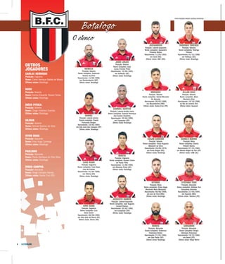 6
O elenco
A CIDADE
Botafogo
OUTROS
JOGADORES
CARLOS HENRIQUE
Posição: Zagueiro
Nome: Carlos Henrique Batista de Morais
Último clube: Botafogo
DUDU
Posição: Volante
Nome: Carlos Eduardo Passos Farias
Último clube: Botafogo
DIEGO PITUCA
Posição: Volante
Nome: Diego Cristiano Evaristo
Último clube: Botafogo
GILMAK
Posição: Volante
Nome: Gilmak Queiroz da Silva
Último clube: Botafogo
VITOR HUGO
Posição: Atacante
Nome: Vitor Hugo Camargo
Último clube: Botafogo
PAULINHO
Posição: Atacante
Nome: Paulo Henrique do Pilar Silva
Último clube: Botafogo
DIOGO CAMPOS
Posição: Atacante
Nome: Diogo Campos Gomes
Último clube: Santa Cruz (PE)
NENECA
Posição: Goleiro
Nome completo: Anderson
Soares da Silva
Nascimento: 11/09/1980,
em Rondonópolis (MT)
Último clube: Botafogo
DANIEL
Posição: Lateral-direito
Nome completo: Daniel
Fortunato Borges
Nascimento: 23/03/1993,
em São José dos Campos (SP)
Último clube: Botafogo
CAIO RUAN
Posição: Zagueiro
Nome completo: Caio Ruan
Lino de Freitas
Nascimento: 01/04/1996,
em Vitória (ES)
Último clube: Botafogo
CIRO SENA
Posição: Zagueiro
Nome completo: Ciro
Sena Júnior
Nascimento: 08/06/1982,
em São João da Barra (RJ)
Último clube: Remo (PA)
JOÃO LUCAS
Posição: Goleiro
Nome completo: João
Lucas Firmino Pinto
Nascimento: 15/09/1993,
em Orlândia (SP)
Último clube: Botafogo
SAMUEL SANTOS
Posição: Lateral-direito/meia
Nome completo: Samuel Henrique
dos Santos Eleotério
Nascimento: 25/04/1990,
em Caçapava (SP)
Último clube: Botafogo
MIRITA
Posição: Zagueiro
Nome completo: Osmair Cintra
de Paula Filho
Nascimento: 11/09/1985,
em Ribeirão Preto (SP)
Último clube: Botafogo
AUGUSTO RAMOS
Posição: Lateral-esquerdo
Nome completo: José Augusto
Cestari Ramos
Nascimento: 03/02/1985,
em Campinas (SP)
Último clube: Botafogo
JUSSANDRO
Posição: Lateral-esquerdo
Nome completo: Jussandro
Pimenta Matos
Nascimento: 11/03/1992,
em Irecê (BA)
Último clube: ABC (RN)
MORADEI
Posição: Volante
Nome completo: Daniel Moradei
de Almeida
Nascimento: 08/02/1986,
em Muzambinho (MG)
Último clube: Santa Cruz (PE)
CÉSAR GAÚCHO
Posição: Volante
Nome completo: César Augusto
Mainardi da Silva
Nascimento: 28/06/1978,
em Porto Alegre (RS)
Último clube: Botafogo
VITINHO
Posição: Meia
Nome completo: Victor Hugo
Machado Maia Mesquita
Nascimento: 08/06/1990,
em Juiz de Fora (MG)
Último clube: Botafogo
NUNES
Posição: Atacante
Nome completo: Anderson
Francisco Nunes
Nascimento: 21/01/1982,
em São Paulo (SP)
Último clube: Botafogo
RODRIGO THIESEN
Posição: Volante
Nome completo: Rodrigo
Thiesen
Nascimento: 01/12/1986,
em Palhoça (SC)
Último clube: Botafogo
ALLAN DIAS
Posição: Volante
Nome completo: Allan
Monteiro Dias
Nascimento: 19/10/1988,
no Rio de Janeiro (RJ)
Último clube: Guarani
DANILO BUENO
Posição: Meia
Nome completo: Danilo
Petrolli Bueno
Nascimento: 07/12/1983,
em Monte Alegre do Sul (SP)
Último clube: CRB (AL)
STÉFANO YURI
Posição: Atacante
Nome completo: Stéfano Yuri
Gonçalves Almeida
Nascimento: 27/04/1994,
em Vazante (MG)
Último clube: Náutico (PE)
SERGINHO
Posição: Atacante
Nome completo: Sérgio
Henrique Francisco
Nascimento: 19/12/1984,
em Avaré (SP)
Último clube: Mogi Mirim
FOTOS ROGÉRIO MOROTI/AGÊNCIA BOTAFOGO
 