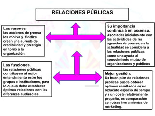 RELACIONES PÚBLICAS Su importancia continuará en ascenso. Asociadas inicialmente con las actividades de las agencias de prensa, en la actualidad se considera a las relaciones públicas como una ayuda al conocimiento mutuo de organizaciones y públicos . Las funciones. las relaciones públicas contribuyen al mejor entendimiento entre los grupos e instituciones, para lo cuales debe establecer óptimas relaciones con las diferentes audiencias Mejor gestión. Un buen plan de relaciones públicas puede obtener óptimos resultados en un reducido espacio de tiempo y a un costo relativamente pequeño, en comparación con otras herramientas de marketing. Las razones las acciones de prensa  los motiva y  fideliza crean una aureola de credibilidad y prestigio en torno a la organización 