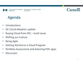 Agenda
• Introductions
• GC Cloud Adoption update
• Buying Cloud from SSC – Scott Levac
• Shifting our Culture
• Being Agile
• Getting Started on a Cloud Program
• Portfolio Assessment and Selecting POC apps.
• Discussion
3
 