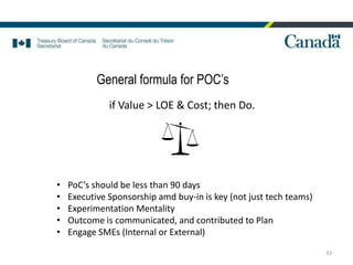 33
General formula for POC’s
if Value > LOE & Cost; then Do.
• PoC’s should be less than 90 days
• Executive Sponsorship amd buy-in is key (not just tech teams)
• Experimentation Mentality
• Outcome is communicated, and contributed to Plan
• Engage SMEs (Internal or External)
 