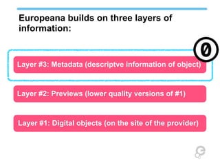 Europeana builds on three layers of
information:


Layer #3: Metadata (descriptve information of object)



Layer #2: Previews (lower quality versions of #1)



Layer #1: Digital objects (on the site of the provider)
 