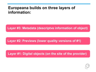 Europeana builds on three layers of
information:


Layer #3: Metadata (descriptve information of object)



Layer #2: Previews (lower quality versions of #1)



Layer #1: Digital objects (on the site of the provider)
 