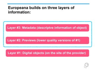 Europeana builds on three layers of
information:


Layer #3: Metadata (descriptve information of object)



Layer #2: Previews (lower quality versions of #1)



Layer #1: Digital objects (on the site of the provider)
 