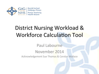 District 
Nursing 
Workload 
& 
Workforce 
Calcula6on 
Tool 
Paul 
Labourne 
November 
2014 
Acknowledgement 
Sue 
Thomas 
& 
Carolyn 
Wallace 
 