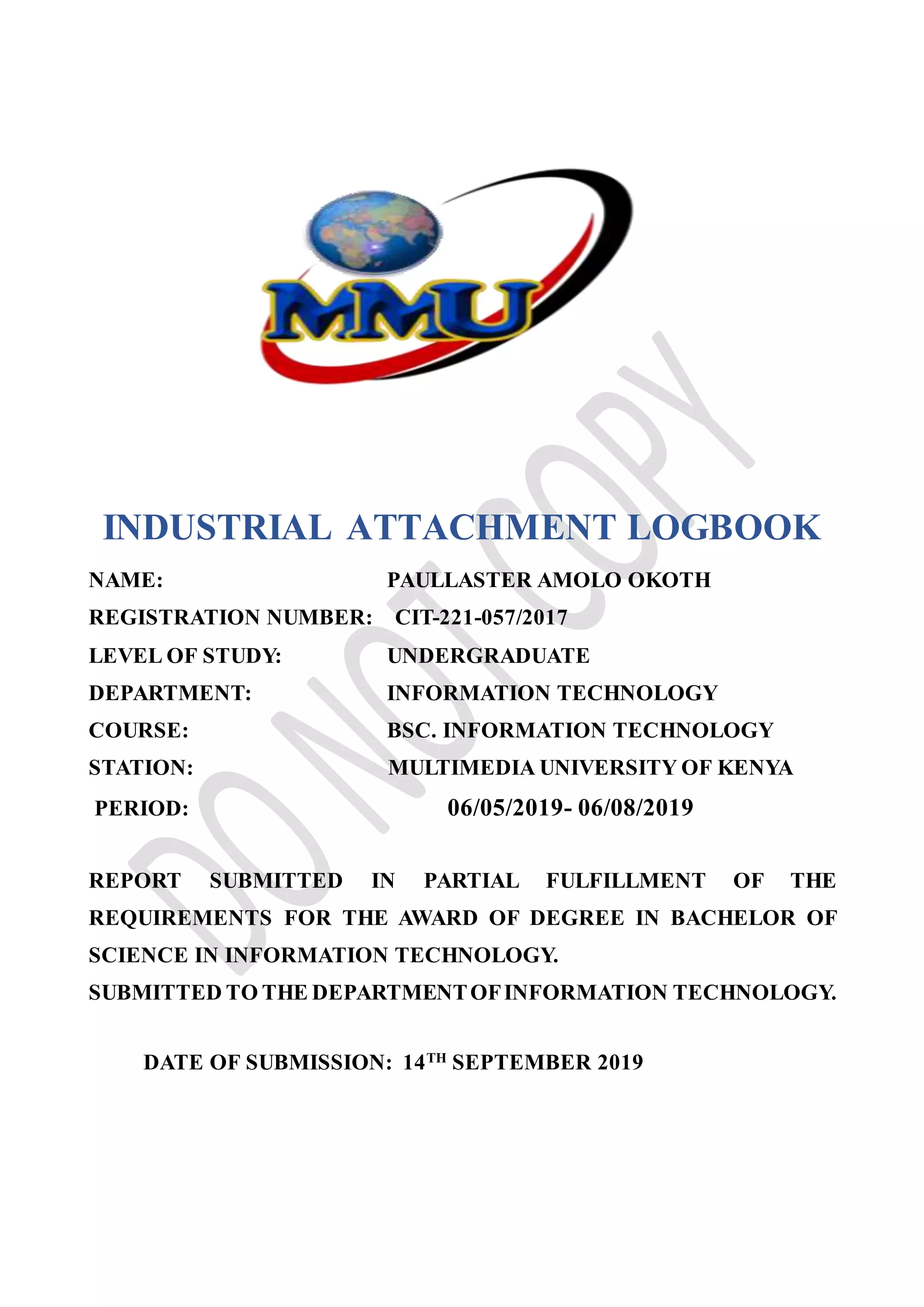 Student's industrial attachment logbook PDF