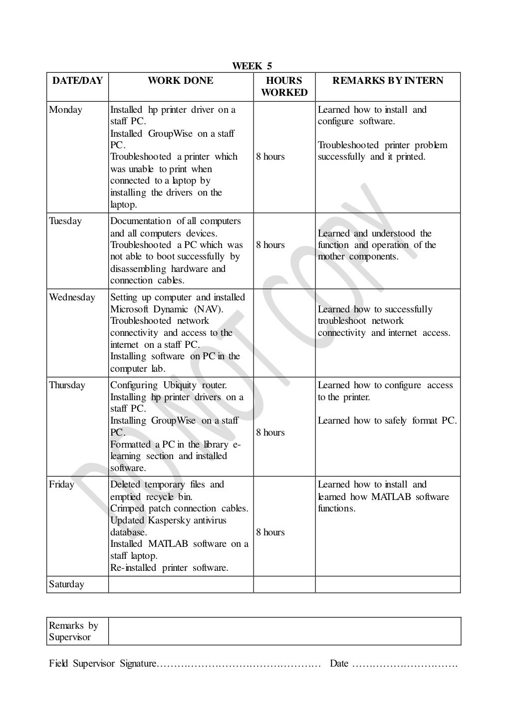 Student's industrial attachment logbook