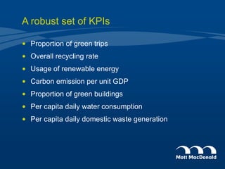 A robust set of KPIs Proportion of green trips Overall recycling rate Usage of renewable energy Carbon emission per unit GDP Proportion of green buildings Per capita daily water consumption Per capita daily domestic waste generation 