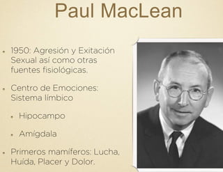 Paul MacLean
!   1950: Agresión y Exitación
Sexual así como otras
fuentes fisiológicas.
!   Centro de Emociones:
Sistema límbico
!   Hipocampo
!   Amígdala
!   Primeros mamíferos: Lucha,
Huída, Placer y Dolor.
 