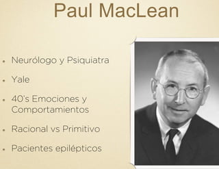 Paul MacLean
!   Neurólogo y Psiquiatra
!   Yale
!   40’s Emociones y
Comportamientos
! Racional vs Primitivo
!   Pacientes epilépticos
 