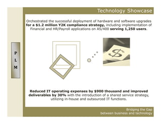 Technology Showcase

    Orchestrated the successful deployment of hardware and software upgrades
                                  p y                                pg
    for a $1.2 million Y2K compliance strategy, including implementation of
      Financial and HR/Payroll applications on AS/400 serving 1,250 users.




P
L
M




      Reduced IT operating expenses by $900 thousand and improved
     deliverables by 30% with the introduction of a shared service strategy,
                 utilizing in-house and outsourced IT functions.


                                                              Bridging the Gap
                                               between business and technology
 