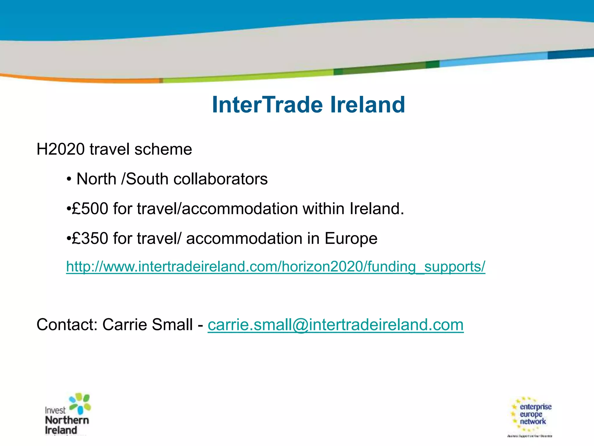 IRT Teams | Sept 08 | ‹#›Title of the presentation | Date |‹#›
H2020 travel scheme
• North /South collaborators
•£500 for travel/accommodation within Ireland.
•£350 for travel/ accommodation in Europe
http://www.intertradeireland.com/horizon2020/funding_supports/
Contact: Carrie Small - carrie.small@intertradeireland.com
InterTrade Ireland
 