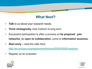 IRT Teams | Sept 08 | ‹#›Title of the presentation | Date |‹#›
• Talk to us about your research needs.
• Think strategically, look medium to long term.
• Successful participation is often a process so be prepared - join
networks, be open to collaboration, come to information sessions.
• Start early – read the calls here:
http://ec.europa.eu/programmes/horizon2020/h2020-sections
• Register as an evaluator.
What Next?
 