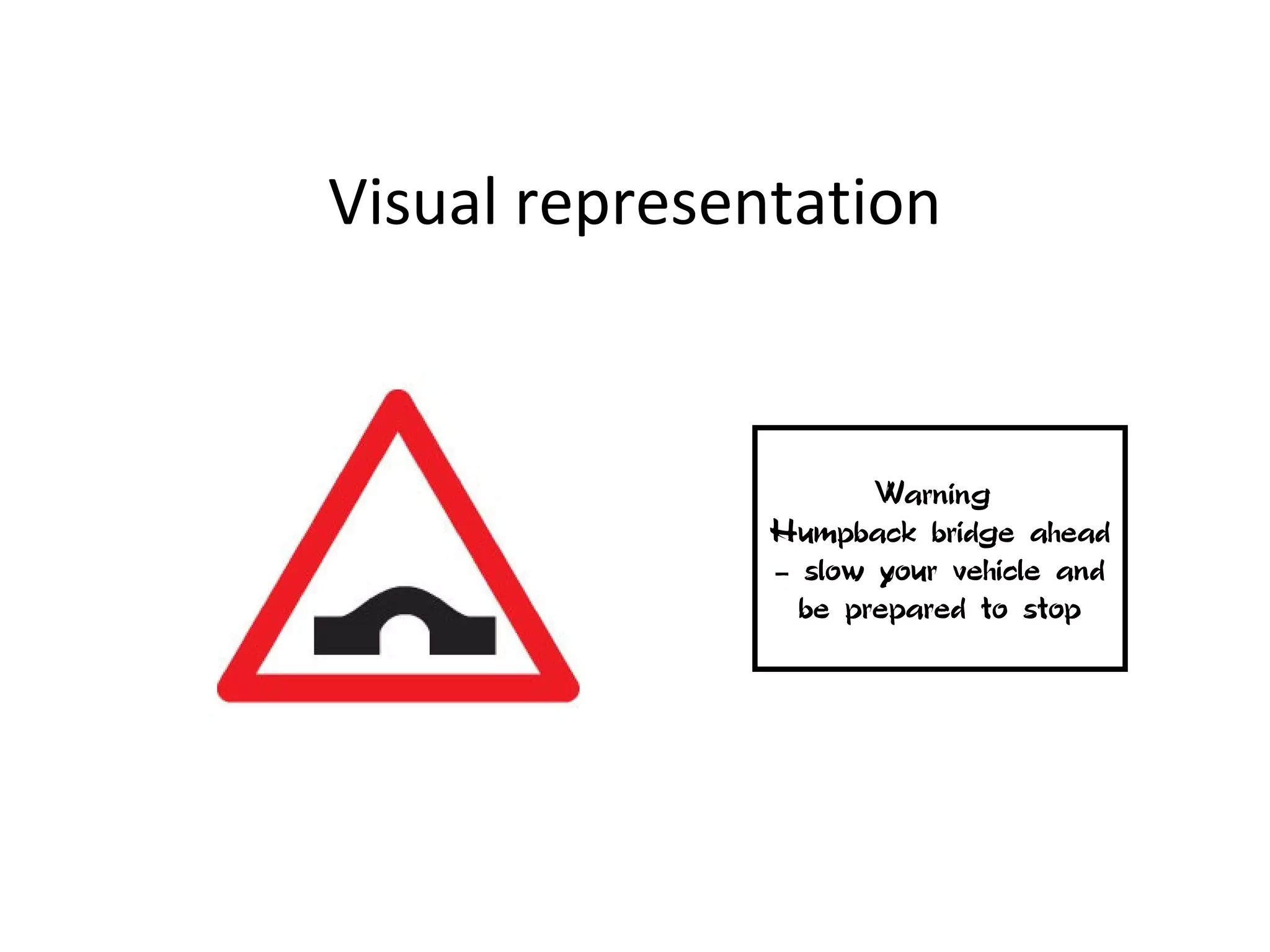 Visual representation
Warning
Humpback bridge
ahead – slow your
vehicle and be prepared
to stop
 