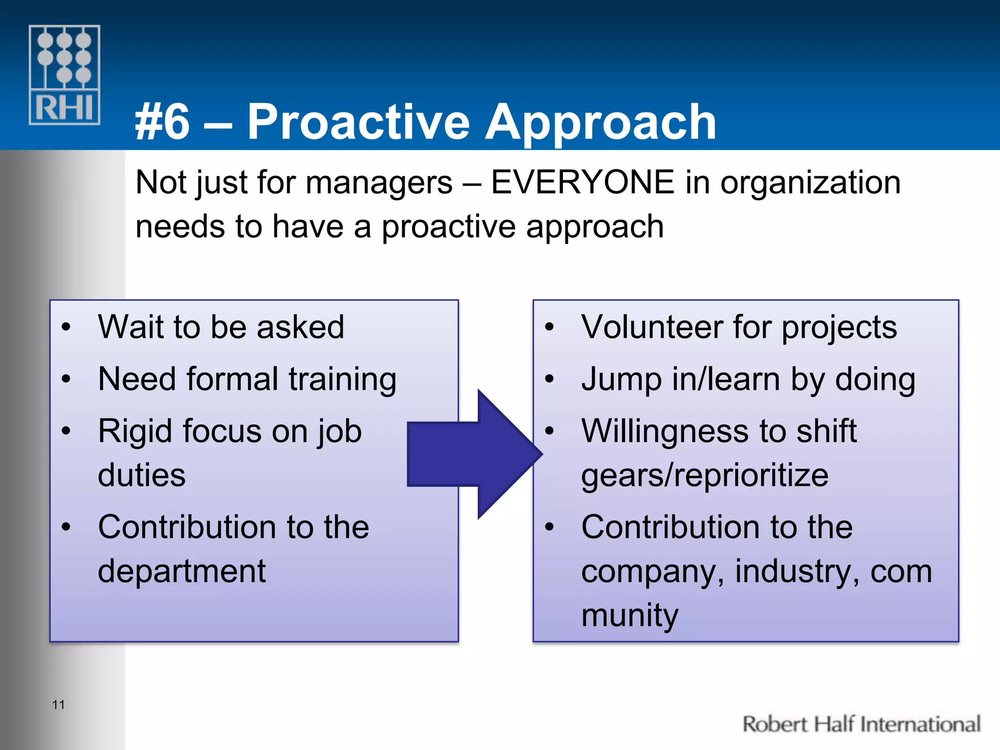 #6 – Proactive Approach
      Not just for managers – EVERYONE in organization
      needs to have a proactive approach


 • Wait to be asked            • Volunteer for projects
 • Need formal training        • Jump in/learn by doing
 • Rigid focus on job          • Willingness to shift
   duties                        gears/reprioritize
 • Contribution to the         • Contribution to the
   department                    company, industry, com
                                 munity

11
 