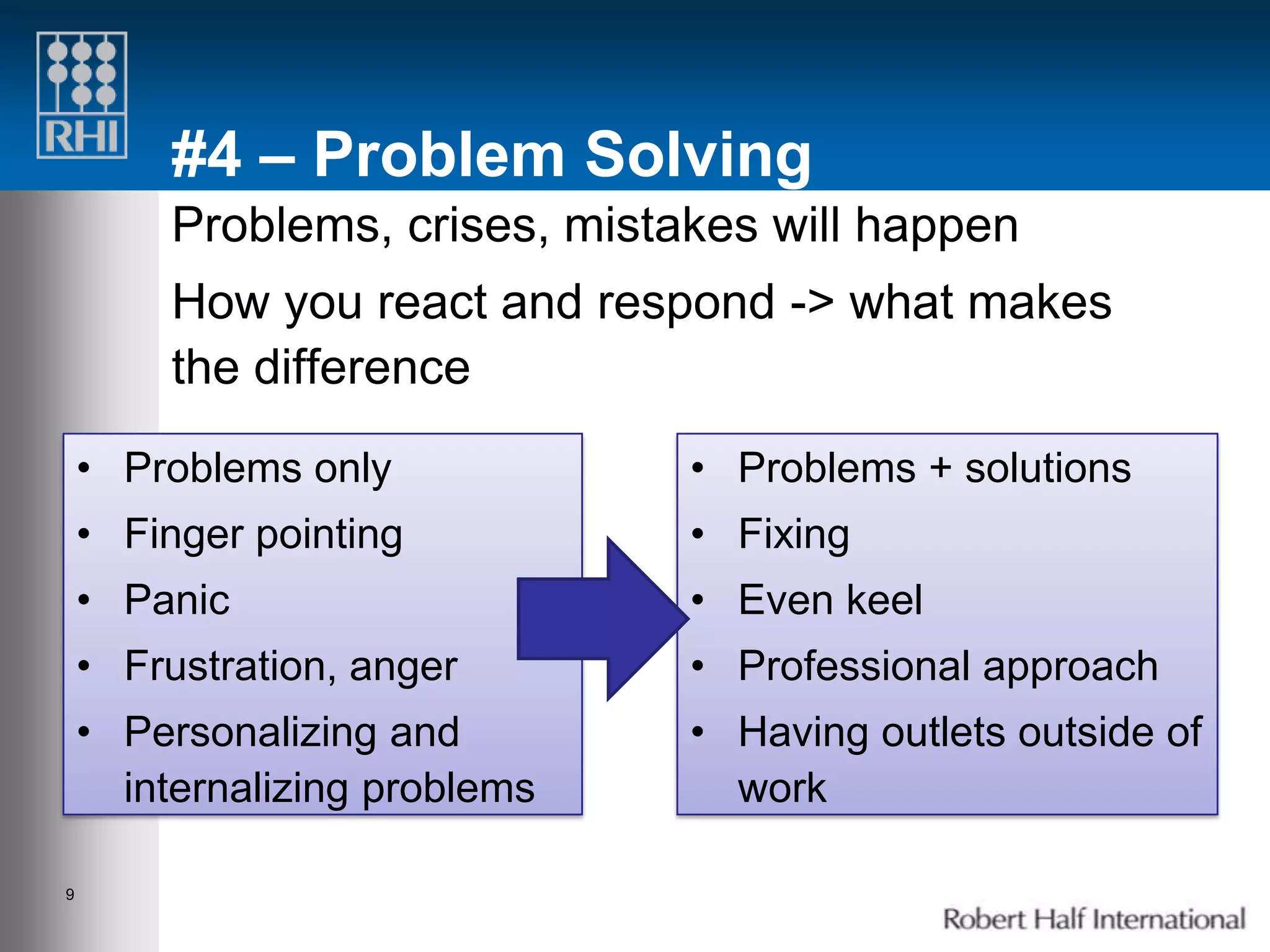 #4 – Problem Solving
        Problems, crises, mistakes will happen
        How you react and respond -> what makes
        the difference
    • Problems only            • Problems + solutions
    • Finger pointing          • Fixing
    • Panic                    • Even keel
    • Frustration, anger       • Professional approach
    • Personalizing and        • Having outlets outside of
      internalizing problems     work

9
 
