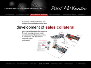 QUALIFICATIONS    PLANNING & ANALYTICS     MARCOM & SALES PROMOTION     PRICE MANAGEMENT        BUSINESS DEVELOPMENT   CREDENTIALS




                           Supporting brand, product line and
                           strategic market sales initiatives with


                  development of sales collateral
                           technical catalogues and promotional
                           flyers to leverage product design
                           characteristics and operating values
                           in conjunction with the intrinsic
                           corporate value
                           proposition




 MARKETING PLAN    TRADE ADVERTISING     DIGITAL MEDIA   SALES COLLATERAL   PROMOTIONAL PRINT      PRESENTATIONS   SALES PROMOTION
 