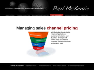 QUALIFICATIONS   PLANNING & ANALYTICS   MARCOM & SALES PROMOTION       PRICE MANAGEMENT     BUSINESS DEVELOPMENT    CREDENTIALS




                 Managing sales channel pricing
                                                                       with logical and quantifiable
                                                                       relationships between
                                                                       customer orientation and
                                                                       business development
                                                                       within direct and indirect
                                                                       channels, industrial markets
                                                                       and product lines




       CHANNEL MANAGEMENT     SYSTEM SOLUTIONS   PRICE FINDING TOOLS     PRICE RATIONALIZATION   ELECTRONIC DATA EXCHANGE
 