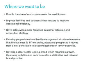 Where we want to be
• Double the size of our business over the next 5 years.

• Improve facilities and business infrastructure to improve
 operational efficiency.

• Drive sales with a more focussed customer retention and
 acquisition strategy.

• Develop people talent and family management structure to ensure
 that the business is ‘fit’ to survive, adapt and prosper as it moves
 from a first generation to a second generation family business.

• Develop a clear sector leading brand which magnifies growth,
 illustrates ambition and communicates a distinctive and relevant
 brand promise.
 