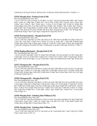 43.Rxf6 Kxc5 44.f5 gxf5 45.Rxf5+ Kb4 46.a5 Rc7 47.Rh5 Kc4 48.Ke3 Kb4 49.h4 Rc3+ 50.Kd4 ½–½
(2524) Morphy,Paul - Paulsen,Louis [C40]
New York blindfold New York, 1857
1.e4 e5 2.Nf3 d5 3.exd5 e4 4.Qe2 f5 5.d3 Bb4+ 6.c3 Be7 7.dxe4 fxe4 8.Qxe4 Nf6 9.Bb5+ Bd7 10.Qe2
Nxd5 11.Bc4 c6 12.Bg5 Bg4 13.Nbd2 Nd7 14.0–0 N7b6 15.Rfe1 Bxf3 16.Nxf3 Nxc4 17.Qxc4 Qc7
18.Bxe7 Nxe7 19.Rxe7+ Qxe7 20.Re1 Qxe1+ 21.Nxe1 0–0–0 22.Qg4+ Rd7 23.Nd3 h5 24.Qe6 Rh6
25.Qe4 Rhd6 26.Ne1 Rd1 27.g3 Kd8 28.Qe5 Re7 29.Qb8+ Kd7 30.Qxb7+ Kd6 31.Qb8+ Kd7 32.Qxa7+
Kd6 33.Qb8+ Kd7 34.Kg2 Rdxe1 35.a4 Ra1 36.Qb7+ Kd6 37.Qb4+ Kd7 38.a5 g6 39.a6 g5 40.Qb7+ Kd6
41.Qb8+ Ke6 42.b4 g4 43.c4 Kf7 44.Qb7 Kf8 45.h3 Ree1 46.hxg4 hxg4 47.Qc8+ Ke7 48.Qxg4 Rg1+
49.Kf3 Rxa6 50.Qg7+ Ke6 51.Qc7 Rga1 52.Kg4 R1a4 53.Kg5 Ra2 54.f4 1–0
(2525) Perrin,Frederick - Morphy,Paul [C54]
New York blindfold New York, 1857
1.e4 e5 2.Nf3 Nc6 3.Bc4 Bc5 4.c3 Nf6 5.d4 exd4 6.e5 d5 7.Bb3 Ne4 8.cxd4 Bb6 9.0–0 Bg4 10.Be3 0–0
11.Nc3 Ne7 12.h3 Bxf3 13.Qxf3 Nxc3 14.bxc3 f6 15.e6 c6 16.Bc1 Bc7 17.Ba3 Bd6 18.Bxd6 Qxd6
19.Rfe1 Rfe8 20.Bc2 Ng6 21.Bxg6 hxg6 22.Qg4 g5 23.Qf5 Re7 24.Re3 Rae8 25.Rae1 Qf4 26.Qg6 Qh4
27.Qf5 Qh7 28.Qg4 g6 29.f4 Qh4 30.f5 Kg7 31.Qxh4 gxh4 32.g4 Kh6 33.Rf3 Kg5 34.Kf2 Rc7 35.Re2 ½–
½
(2526) Raphael,Benjamin - Morphy,Paul [C33]
New York blindfold New York, 1857
1.e4 e5 2.f4 exf4 3.Bc4 Qh4+ 4.Kf1 b5 5.Bxb5 Nf6 6.Nf3 Qh6 7.Nc3 g5 8.d4 Bg7 9.e5 Nh5 10.Kg1 Bb7
11.Be2 Rg8 12.Ne1 f3 13.Bxf3 Bxf3 14.Qxf3 Nc6 15.Nd5 0–0–0 16.Ne7+ Kb8 17.Nxg8 Rxg8 18.Qxf7
Rf8 19.Qb3+ Kc8 20.Nf3 Qg6 21.c3 g4 22.Nh4 Qd3 23.Bg5 Nf4 24.Bxf4 Rxf4 25.Re1 Qd2 26.Nf3 gxf3
0–1
(2527) Thompson,DS - Morphy,Paul [C52]
New York blindfold New York, 1857
1.e4 e5 2.Nf3 Nc6 3.Bc4 Bc5 4.b4 Bxb4 5.c3 Ba5 6.d4 exd4 7.Qb3 Qf6 8.0–0 d6 9.e5 dxe5 10.cxd4 exd4
11.Nbd2 Nge7 12.Bb2 0–0 13.Ne4 Qg6 14.Bd3 Bf5 15.Nh4 Qh5 16.Nxf5 Nxf5 17.f4 Rfe8 18.Rf3 Nb4
19.Ng5 Nxd3 20.Qxd3 Qg6 21.Rh3 Re3 22.Qb5 Rxh3 23.Qxb7 Re8 24.Nxh3 Bb6 25.Rf1 Ne3 26.f5 Qg4
27.Nf2 Qe2 28.Rb1 Nd1 0–1
(2528) Thompson,DS - Morphy,Paul [C52]
New York blindfold New York, 1857
1.e4 e5 2.Nf3 Nc6 3.Bc4 Bc5 4.b4 Bxb4 5.c3 Ba5 6.d4 exd4 7.Qb3 Qf6 8.0–0 d6 9.cxd4 Bb6 10.e5 dxe5
11.dxe5 Qg6 12.Ba3 Be6 13.Nbd2 Nge7 14.Bxe6 fxe6 15.Rae1 0–0 16.Ne4 Rad8 17.Neg5 Rxf3 18.Nxf3
Rd3 19.Qb2 Rxf3 20.Kh1 Bd4 21.Qc1 Rc3 22.Qb2 Rg3 23.Qc1 Rxg2 24.Qf4 Nf5 25.Qf3 Rxh2+ 26.Kxh2
Bxe5+ 27.Rxe5 Nxe5 28.Qh3 Nh4 29.f3 Qc2+ 30.Kh1 Nf5 31.Bc1 Qe2 32.Bf4 Nd3 33.Bxc7 e5 34.Kg1
Nf4 35.Qh2 Qc4 36.Bb8 Ne2+ 37.Kf2 Qd4+ 38.Ke1 Nfg3 39.Qh3 Qc3+ 40.Kf2 Ne4+ 41.fxe4 Qxh3
42.Kxe2 Qg2+ 0–1
(2529) Morphy,Paul - Schulten,John William [C51]
New York blindfold m New York, 1857
1.e4 e5 2.Nf3 Nc6 3.Bc4 Bc5 4.b4 Bxb4 5.c3 Bc5 6.0–0 d6 7.d4 exd4 8.cxd4 Bb6 9.Nc3 Bg4 10.Bb5 Kf8
11.Be3 Bxf3 12.gxf3 Nge7 13.Kh1 h5 14.Rg1 Ng6 15.f4 Qh4 16.f5 Nf4 17.Qf3 Bxd4 18.Bxf4 Ne5
19.Bxe5 Bxe5 20.Rg2 Bxc3 21.Qxc3 Qxe4 22.Re1 1–0
(2530) Morphy,Paul - Schulten,John William [C50]
New York blindfold m New York, 1857
1.e4 e5 2.Nf3 Nc6 3.Bc4 Bc5 4.0–0 f5 5.d4 exd4 6.e5 d6 7.exd6 Qxd6 8.Re1+ Nge7 9.Ng5 Ne5 10.Bf4
N7g6 11.Bxe5 Nxe5 12.Nf7 1–0
 