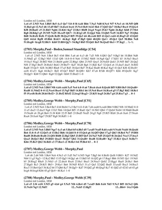 London m3 London, 1858
1.e4 e5 2.Nf3 Nc6 3.Bb5 Bc5 4.c3 Qe7 5.0–0 f6 6.d4 Bb6 7.Na3 Nd8 8.Nc4 Nf7 9.Ne3 c6 10.Nf5 Qf8
11.Ba4 g6 12.Ne3 d6 13.d5 Bd7 14.dxc6 bxc6 15.Nc4 Rc8 16.b3 Be6 17.Qd3 Qe7 18.Ba3 Bxc4 19.Qxc4
Kf8 20.Rad1 c5 21.Rd3 Ngh6 22.Kh1 Kg7 23.Bc1 Rhf8 24.g4 Nxg4 25.h3 Ngh6 26.Rg1 Kh8 27.Nh4
Rg8 28.Rdg3 g5 29.Nf5 Nxf5 30.exf5 Qb7+ 31.R1g2 d5 32.Qg4 Nh6 33.Qh5 Nxf5 34.Rf3 Ng7 35.Qh6
Bd8 36.Rxf6 Bxf6 37.Qxf6 Rcf8 38.Qxe5 Rf5 39.Qe3 d4 40.cxd4 Rf3 41.Qe2 cxd4 42.Bxg5 d3 43.Qd2
Qd5 44.b4 Rgf8 45.Bh6 Rxh3+ 46.Kg1 Rg8 47.Bg5 Qd4 48.Qf4 Qa1+ 49.Qc1 Qe5 50.Bh6 Ne8
51.Rxg8+ Kxg8 52.Bb3+ Kh8 53.Bf4 Qg7+ 54.Bg3 Rh5 55.Qd1 Re5 56.Qxd3 Re1+ 57.Kg2 ... ½–½
(2703) Morphy,Paul - Boden,Samuel Standidge [C54]
London m3 London, 1858
1.e4 e5 2.Nf3 Nc6 3.Bc4 Bc5 4.b4 Bb6 5.a4 a6 6.c3 d6 7.d3 Nf6 8.Qb3 Qe7 9.Bg5 h6 10.Bh4 Nd8
11.Nbd2 g5 12.Bg3 Nh5 13.h3 Qf6 14.0–0–0 Ne6 15.Nh2 Nhf4 16.Ng4 Qg7 17.Kb1 h5 18.Ne3 Bxe3
19.fxe3 Nxg2 20.Bf2 Nh4 21.Bxh4 gxh4 22.Rhg1 Qh6 23.Nf3 Qxe3 24.Nxh4 Qxh3 25.Nf5 Bd7 26.Qa2
Nf4 27.Rg3 Bxf5 28.Rxh3 Bxh3 29.Bxf7+ Kd7 30.d4 Bg4 31.Rd2 Ke7 32.Qc4 c6 33.dxe5 dxe5 34.Rf2
Rad8 35.Qc5+ Kf6 36.Bb3 Rhe8 37.a5 Rd3 38.Qc4 Rd7 39.Ka2 Red8 40.Ka3 Kg5 41.Qc5 Kf6 42.Rxf4+
exf4 43.e5+ Kg6 44.Bc2+ Rd3 45.Qe7 R8d7 46.Qf6+ Kh7 47.e6 R7d6 48.Qf7+ Kh6 49.Qxf4+ Kg7
50.Qg5+ Kh8 51.Qh6+ Kg8 52.Qg6+ Kh8 53.Bxd3 1–0
(2704) Medley,George Webb - Morphy,Paul [C65]
London m4 London, 1858
1.e4 e5 2.Nf3 Nc6 3.Bb5 Nf6 4.d4 exd4 5.e5 Ne4 6.0–0 a6 7.Bxc6 dxc6 8.Qxd4 Bf5 9.Bf4 Bc5 10.Qxd8+
Rxd8 11.Nbd2 0–0 12.Nxe4 Bxe4 13.Ng5 Bd5 14.Rfe1 h6 15.Ne4 Bxe4 16.Rxe4 g5 17.Bg3 Rd2 18.Rc1
f5 19.exf6 Rxf6 20.h4 Bxf2+ 21.Bxf2 Rfxf2 22.hxg5 Rxg2+ 23.Kf1 hxg5 24.Re7 g4 25.Rxc7 g3 ... 0–1
(2705) Medley,George Webb - Morphy,Paul [C51]
London m4 London, 1858
1.e4 e5 2.Nf3 Nc6 3.Bc4 Bc5 4.b4 Bxb4 5.c3 Bc5 6.0–0 d6 7.d4 exd4 8.cxd4 Bb6 9.Bb2 Nf6 10.Nbd2 0–0
11.e5 dxe5 12.dxe5 Ng4 13.h3 Nh6 14.Qa4 Bf5 15.Rad1 Qe7 16.Nb3 Qb4 17.Qxb4 Nxb4 18.Nbd4 Bxd4
19.Nxd4 c6 20.g4 Be4 21.f4 Kh8 22.f5 Bd5 23.Bxd5 Nxd5 24.g5 Ng8 25.Rf3 Rfe8 26.e6 fxe6 27.Nxe6
Rxe6 28.fxe6 Nge7 29.Rf7 Rg8 30.Rdf1 1–0
(2706) Medley,George Webb - Morphy,Paul [C70]
London m4 London, 1858
1.e4 e5 2.Nf3 Nc6 3.Bb5 Nge7 4.c3 a6 5.Ba4 b5 6.Bb3 d5 7.exd5 Nxd5 8.d4 exd4 9.Nxd4 Nxd4 10.Qxd4
Be6 11.0–0 c5 12.Qe5 c4 13.Bc2 Bd6 14.Qd4 0–0 15.Qe4 g6 16.Qf3 Qh4 17.g3 Qh3 18.Be4 Nc7 19.Bf4
Rad8 20.Bxd6 Rxd6 21.Qf4 Rfd8 22.Bg2 Qh5 23.Bf3 Qc5 24.Na3 Nd5 25.Qe5 f6 26.Qe2 Nxc3 27.bxc3
Qxa3 28.Qe3 Bh3 29.Rfd1 Qxa2! 30.Qe7 Qb2 31.Qxd8+ Rxd8 32.Rxd8+ Kg7 33.Re1 Qxc3 34.Re7+
Kh6 35.Re3 Qb2 36.Rd1 c3 37.Ree1 c2 38.Rc1 b4 39.Be4 b3 ... 0–1
(2707) Medley,George Webb - Morphy,Paul
London m4 London, 1858
1.e4 d6 2.d4 Nf6 3.Bc4 Nc6 4.Nc3 e5 5.d5 Ne7 6.Nf3 Ng6 7.Bg5 h6 8.Bxf6 Qxf6 9.Bb5+ Kf7 10.Nd2
Nh4 11.g3 Ng2+ 12.Ke2 Bh3 13.f3 Qg5 14.Qg1 a6 15.Bd3 h5 16.Qf2 g6 17.Rag1 Bh6 18.Nf1 Qc1 19.Nd1
b5 20.Rxg2 Rhc8 21.Nfe3 c5 22.dxc6 Rxc6 23.Re1 Bxe3 24.Nxe3 Qxb2 25.Rgg1 Rac8 26.Rc1 Be6
27.Rgd1 Rc3 28.Kf1 Bh3+ 29.Ke1 Be6 30.Nd5 R3c5 31.c3 Qa3 32.Qd2 Bxd5 33.exd5 Rxc3 34.Rxc3
Rxc3 35.Be4 Qc5 36.Ke2 b4 37.Qh6 Ke7 38.Qg5+ Kd7 39.Qd2 g5 40.Qxg5 Kc7 41.Qd2 a5 42.h3 a4 43.g4
hxg4 44.hxg4 Kb6 45.g5 Qc4+ 46.Ke1 1–0
(2708) Morphy,Paul - Medley,George Webb [C39]
London m4 London, 1858
1.e4 e5 2.f4 exf4 3.Nf3 g5 4.h4 g4 5.Ne5 Nf6 6.Bc4 d5 7.exd5 Bd6 8.d4 Nh5 9.Nc3 Bf5 10.Ne2 Qf6
11.Nxf4 Ng3 12.Nh5! 12...Nxh5 13.Bg5! 13...Bb4+ 14.c3 Qd6
 