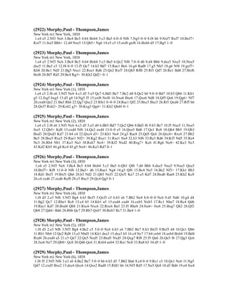 (2922) Morphy,Paul - Thompson,James
New York m1 New York, 1859
1.e4 e5 2.Nf3 Nc6 3.Bc4 Bc5 4.b4 Bxb4 5.c3 Ba5 6.0–0 Nf6 7.Ng5 0–0 8.f4 h6 9.Nxf7 Rxf7 10.Bxf7+
Kxf7 11.fxe5 Bb6+ 12.d4 Nxe5 13.Qh5+ Ng6 14.e5 c5 15.exf6 gxf6 16.Bxh6 d5 17.Bg5 1–0
(2923) Morphy,Paul - Thompson,James
New York m1 New York, 1859
1.e4 e5 2.Nf3 Nc6 3.Bc4 Bc5 4.b4 Bxb4 5.c3 Ba5 6.Qc2 Nf6 7.0–0 d6 8.d4 Bb6 9.dxe5 Nxe5 10.Nxe5
dxe5 11.Ba3 c5 12.f4 0–0 13.f5 Qc7 14.h3 Bd7 15.Rae1 Bc6 16.g4 Rad8 17.g5 Nh5 18.g6 Nf4 19.gxf7+
Kh8 20.Bc1 Nd3 21.Bg5 Nxe1 22.Rxe1 Rd6 23.Qe2 Rxf7 24.Qh5 Rff6 25.Rf1 Qd7 26.Re1 Bd8 27.Bxf6
Bxf6 28.Bf7 Rd3 29.Bc4 Rg3+ 30.Kh2 Qd2+ 0–1
(2924) Morphy,Paul - Thompson,James
New York m1 New York (1), 1859
1.e4 c5 2.f4 e6 3.Nf3 Nc6 4.c3 d5 5.e5 Qc7 6.Bd3 Be7 7.Bc2 d4 8.Qe2 h6 9.0–0 Bd7 10.b3 Qb6 11.Kh1
g5 12.fxg5 hxg5 13.d3 g4 14.Ng5 f5 15.exf6 Nxf6 16.Nxe6 Bxe6 17.Qxe6 Nd8 18.Qf5 Qe6 19.Qg6+ Nf7
20.cxd4 Qe2 21.Ba3 Rh6 22.Qg7 Qxc2 23.Rfe1 0–0–0 24.Rac1 Qf2 25.Bxc5 Bxc5 26.Rf1 Qxd4 27.Rf5 b6
28.Qxf7 Rxh2+ 29.Kxh2 g3+ 30.Kxg3 Qg4+ 31.Kh2 Qh4# 0–1
(2925) Morphy,Paul - Thompson,James
New York m1 New York (2), 1859
1.e4 c5 2.f4 e6 3.Nf3 Nc6 4.c3 d5 5.e5 d4 6.Bb5 Bd7 7.Qe2 Qb6 8.Bd3 f6 9.b3 Be7 10.f5 Nxe5 11.Nxe5
fxe5 12.Qh5+ Kd8 13.cxd4 Nf6 14.Qe2 exd4 15.0–0 e5 16.Qxe5 Bd6 17.Qe1 Re8 18.Qh4 Bb5 19.Qh3
Bxd3 20.Qxd3 Kd7 21.b4 c4 22.Qxc4 d3+ 23.Kh1 Ne4 24.g3 Rac8 25.Qd5 Qc6 26.Qxc6+ Rxc6 27.Bb2
Be5 28.Bxe5 Rxe5 29.Rae1 Nf2+ 30.Kg2 Rxe1 31.Rxe1 Ne4 32.h3 Nf6 33.Re3 Rd6 34.Kf3 Nd5 35.Re4
Nc3 36.Rh4 Nb1 37.Ke3 Na3 38.Rxh7 Nc4+ 39.Kf2 Nxd2 40.Rxg7+ Kc6 41.Rg6 Ne4+ 42.Ke3 Nc5
43.Kd2 Kb5 44.g4 Kc4 45.g5 Ne4+ 46.Ke3 Rd7 0–1
(2926) Morphy,Paul - Thompson,James
New York m1 New York (3), 1859
1.e4 e5 2.Nf3 Nc6 3.Bc4 Bc5 4.b4 Bxb4 5.c3 Ba5 6.Qb3 Qf6 7.d4 Bb6 8.dxe5 Nxe5 9.Nxe5 Qxe5
10.Bxf7+ Kf8 11.0–0 Nf6 12.Ba3+ d6 13.Rae1 Ng4 14.g3 Qf6 15.Bc4 Ne5 16.Be2 Nf3+ 17.Kh1 Bh3
18.Rd1 Bxf1 19.Bxf1 Qh6 20.h3 Nd2 21.Qb5 Nxf1 22.Qxf1 Ke7 23.e5 Kd7 24.Bxd6 Rae8 25.Kh2 Kc8
26.c4 cxd6 27.exd6 Ref8 28.c5 Bxc5 29.Qc4 Qg5 0–1
(2927) Morphy,Paul - Thompson,James
New York m1 New York (4), 1859
1.f4 d5 2.e3 Nf6 3.Nf3 Bg4 4.h3 Bxf3 5.Qxf3 c5 6.b3 e6 7.Bb2 Ne4 8.0–0–0 Nc6 9.d3 Nd6 10.g4 d4
11.Bg2 Qc7 12.Rhe1 Rc8 13.c4 b5 14.Kb1 a5 15.exd4 cxd4 16.cxb5 Nxb5 17.Rc1 Nba7 18.Rc4 Qd6
19.Rec1 Kd7 20.Bxd4 Qb8 21.Rxc6 Nxc6 22.Rxc6 Ba3 23.f5 Rhe8 24.fxe6+ fxe6 25.Bxg7 Qh2 26.Qf2
Qb8 27.Qd4+ Bd6 28.Rb6 Qc7 29.Rb7 Qxb7 30.Bxb7 Rc7 31.Be4 1–0
(2928) Morphy,Paul - Thompson,James
New York m1 New York (5), 1859
1.f4 d5 2.e3 Nf6 3.Nf3 Bg4 4.Be2 c5 5.0–0 Nc6 6.b3 e6 7.Bb2 Be7 8.h3 Bxf3 9.Bxf3 d4 10.Qe1 Qb6
11.Rb1 Nb4 12.Qe2 Rd8 13.a3 Nbd5 14.Kh1 dxe3 15.dxe3 h5 16.c4 Nc7 17.b4 cxb4 18.axb4 Bxb4 19.Bd4
Rxd4 20.exd4 a5 21.c5 Qa7 22.Qe5 Ncd5 23.Bxd5 Nxd5 24.Qxg7 Rf8 25.f5 Qa6 26.Qe5 f6 27.Qg3 Qc6
28.fxe6 Ne7 29.Qb8+ Qc8 30.Qd6 Qc6 31.Rxb4 axb4 32.Ra1 Nc8 33.Ra8 b3 34.d5 1–0
(2929) Morphy,Paul - Thompson,James
New York m1 New York (6), 1859
1.f4 f5 2.Nf3 Nf6 3.e3 e6 4.Be2 Be7 5.0–0 b6 6.b3 d5 7.Bb2 Ba6 8.c4 0–0 9.Rc1 c5 10.Qe1 Nc6 11.Ng5
Qd7 12.cxd5 Bxe2 13.dxc6 Qxc6 14.Qxe2 Rad8 15.Rfd1 h6 16.Nf3 Rd5 17.Ne5 Qe8 18.d3 Bd6 19.e4 fxe4
 