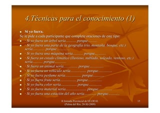 II Jornada Provincial de EE.OO.II.II Jornada Provincial de EE.OO.II.
(Palma del R(Palma del Ríío, 20o, 20--XIXI--2009)2009)
1515
4.T4.Téécnicas para el conocimiento (1)cnicas para el conocimiento (1)
Si yo fuera.Si yo fuera.
Se le pide a cada participante que complete oraciones de este tiSe le pide a cada participante que complete oraciones de este tipo:po:
·· Si yo fuera unSi yo fuera un áárbol serrbol seríía........... porque..........a........... porque..........
·· Si yo fuera una parte de la geografSi yo fuera una parte de la geografíía (ra (ríío, montao, montañña, bosque, etc.)a, bosque, etc.)
serseríía............. porque..............a............. porque..............
·· Si yo fuera una mSi yo fuera una mááquina serquina seríía........... porque............a........... porque............
·· Si fuera un estado climSi fuera un estado climáático (lluvioso, nublado, soleado, ventoso, etc.)tico (lluvioso, nublado, soleado, ventoso, etc.)
serseríía........... porque............a........... porque............
·· Si fuera un animal serSi fuera un animal seríía............... porque...............a............... porque...............
·· Si yo fuera un vehSi yo fuera un vehíículo serculo seríía................. porque...............a................. porque...............
·· Si yo fuera perfume serSi yo fuera perfume seríía................. porque............a................. porque............
·· Si yo fuera fruta serSi yo fuera fruta seríía................. porque...............a................. porque...............
·· Si yo fuera color serSi yo fuera color seríía................. porque..............a................. porque..............
·· Si yo fuera material serSi yo fuera material seríía...................... porque...............a...................... porque...............
·· Si yo fuera una estaciSi yo fuera una estacióón del an del añño sero seríía............. porque............a............. porque............
 