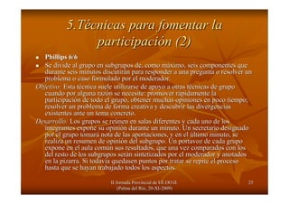 II Jornada Provincial de EE.OO.II.II Jornada Provincial de EE.OO.II.
(Palma del R(Palma del Ríío, 20o, 20--XIXI--2009)2009)
2525
5.T5.Téécnicas para fomentar lacnicas para fomentar la
participaciparticipacióón (2)n (2)
Phillips 6/6Phillips 6/6
Se divide al grupo en subgrupos de, como mSe divide al grupo en subgrupos de, como mááximo, seis componentes queximo, seis componentes que
durante seis minutos discutirdurante seis minutos discutiráán para responder a una pregunta o resolver unn para responder a una pregunta o resolver un
problema o caso formulado por el moderador.problema o caso formulado por el moderador.
Objetivo:Objetivo: Esta tEsta téécnica suele utilizarse de apoyo a otras tcnica suele utilizarse de apoyo a otras téécnicas de grupocnicas de grupo
cuando por alguna razcuando por alguna razóón se necesite: promover rn se necesite: promover ráápidamente lapidamente la
participaciparticipacióón de todo el grupo, obtener muchas opiniones en poco tiempo;n de todo el grupo, obtener muchas opiniones en poco tiempo;
resolver un problema de forma creativa y descubrir las divergencresolver un problema de forma creativa y descubrir las divergenciasias
existentes ante un tema concreto.existentes ante un tema concreto.
Desarrollo:Desarrollo: Los grupos se reLos grupos se reúúnen en salas diferentes y cada uno de losnen en salas diferentes y cada uno de los
integrantes expone su opiniintegrantes expone su opinióón durante un minuto. Un secretario designadon durante un minuto. Un secretario designado
por el grupo tomarpor el grupo tomaráá nota de las aportaciones, y en elnota de las aportaciones, y en el úúltimo minuto, seltimo minuto, se
realiza un resumen de opinirealiza un resumen de opinióón del subgrupo. Un portavoz de cada grupon del subgrupo. Un portavoz de cada grupo
expone en el aula comexpone en el aula comúún sus resultados, que una vez comparados con losn sus resultados, que una vez comparados con los
del resto de los subgrupos serdel resto de los subgrupos seráán sintetizados por el moderador y anotadosn sintetizados por el moderador y anotados
en la pizarra. Si todaven la pizarra. Si todavíía quedasen puntos por tratar se repite el procesoa quedasen puntos por tratar se repite el proceso
hasta que se hayan trabajado todos los aspectos.hasta que se hayan trabajado todos los aspectos.
 