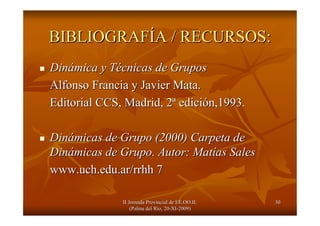 II Jornada Provincial de EE.OO.II.II Jornada Provincial de EE.OO.II.
(Palma del R(Palma del Ríío, 20o, 20--XIXI--2009)2009)
3030
BIBLIOGRAFBIBLIOGRAFÍÍA / RECURSOS:A / RECURSOS:
DinDináámica y Tmica y Téécnicas de Gruposcnicas de Grupos
Alfonso Francia y Javier Mata.Alfonso Francia y Javier Mata.
Editorial CCS, Madrid, 2Editorial CCS, Madrid, 2ªª ediciedicióón,1993.n,1993.
DinDináámicas de Grupo (2000) Carpeta demicas de Grupo (2000) Carpeta de
DinDináámicas de Grupo. Autor: Matmicas de Grupo. Autor: Matíías Salesas Sales
www.uch.edu.arwww.uch.edu.ar//rrhhrrhh 77
 